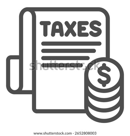 Taxes paper with coins stack line icon, financial tech concept. Vector graphics. Government taxes list, finance and law sign on white background, outline style icon for mobile or web design