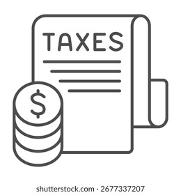 Taxes paper with coins stack thin line icon, financial tech concept. Vector graphics. Government taxes list, finance and law sign on white background, outline style icon for mobile or web design
