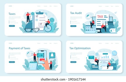 Taxes payment web banner or landing page set. Idea of business accounting and audit. Company pays a financial bill to the government. Data in the document and taxation. Flat vector illustration