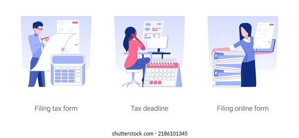 Taxes And Personal Finance Isolated Concept Vector Illustration Set. Filing Tax Form, Fiscal Year Deadline, Filing Online Form, Budget Accounting, Electronic Financial Report Vector Cartoon.