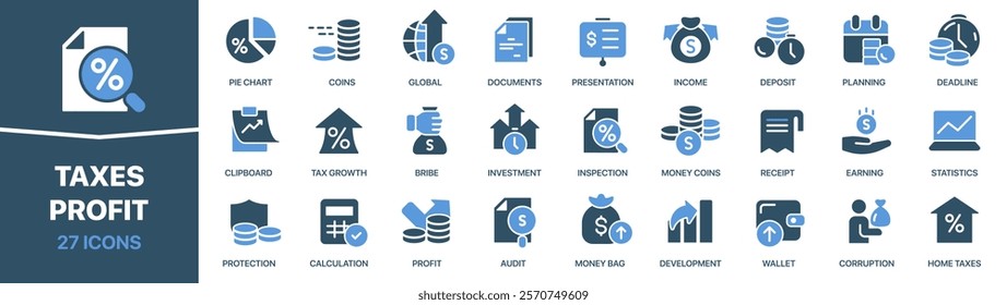 Taxes and profit colored signed icon collection. Income, coins, deposit, audit icons. UI icon set. Colored icons pack. Vector illustration EPS10