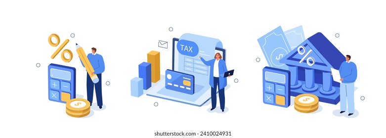 Taxes set. Characters preparing and calculating tax declaration and making income tax refund. Financial management concept. Vector illustration isolated on white background  