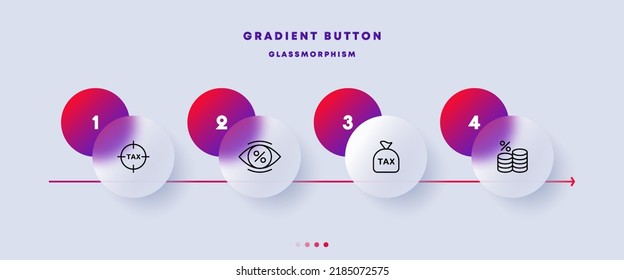 Taxes set icon. Tax protection, aim, eye, money bag, percent, coins, transparent, no hidden fees, income, expenses. Business concept. Glassmorphism style. Vector line icon for Business and Advertising