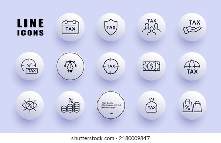 Taxes set icon. Time to pay, protection, shield, people, hand, clock, transparent, no hidden fees, coin, money bag, percent, umbrella. Business concept. Neomorphism. Vector line icon for Business