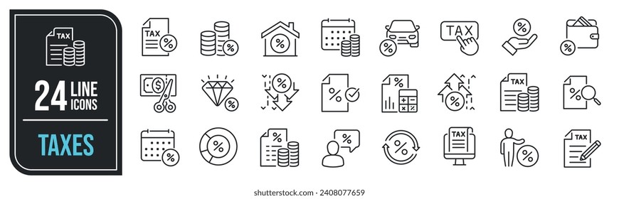 Taxes simple minimal thin line icons. Related accounting, banking, financial, economy. Vector illustration.