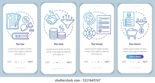 Taxes system blue onboarding mobile app page screen with linear concepts. Tax law, treaty, return, taxation rate walkthrough steps graphic instructions. UX, UI, GUI vector template with illustrations