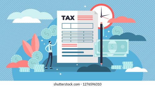 Taxes vector illustration. Flat tiny persons concept with payment time delay. Finance service to pay for government needs. Deadline information bill and fine charge. National annual calculation check.