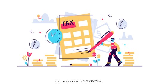 Taxes vector illustration. Flat tiny persons concept with payment time delay. Finance service to pay for government needs. Deadline information bill and fine charge. National annual calculation check.