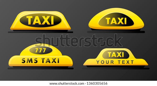 Taxi 3d roof sign.\
Icon set taxi sign on black background. Taxi sign on the roof of\
car. Vector illustration.