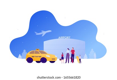 El concepto de servicio de taxi al aeropuerto. Ilustración de persona plana vectorial. camión de taxis amarillos y familia con niños y equipaje. Plano y construcción de fondo. Elemento de diseño para banner, afiche, ui, web.