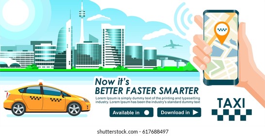 Taxi app banner. City skyline modern buildings hi-tech & taxi cab also smartphone gps map in hand. Concept template of taxi call service for store. 