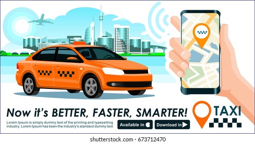 Taxi app banner. City skyline modern buildings hi-tech & taxi cab also smartphone gps map in hand. Concept template of taxi call service for store