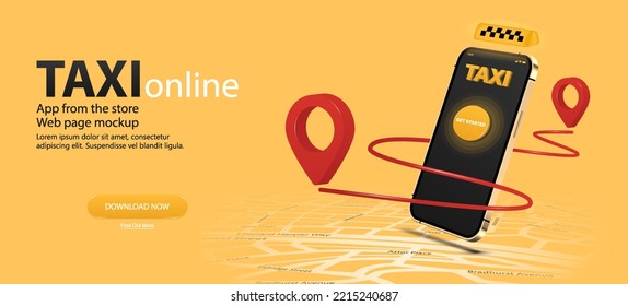 Taxi App banner. Online service for order taxi in application smartphone. 3D mobile phone with cab app. Route map with points. Online service, Cab app, Delivery, Vehicle rent. Vector 3D banner