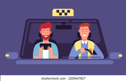Taxi app. Client and taxi driver inside cab cabin. Taxi booking smartphone application vector background