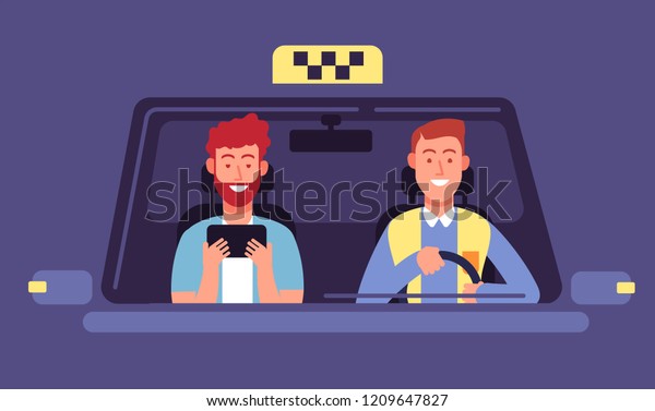 Taxi app. Client\
and taxi driver inside cab cabin. Taxi booking smartphone\
application vector\
background