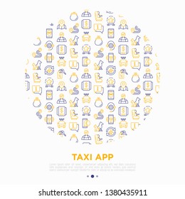 Taxi app concept in circle with thin line icons: payment method, promocode, app settings, info, support service, phone number, pointer, airport transfer, baby seat. Vector illustration for print media