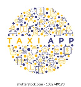 Taxi app concept in circle with thin line icons: payment method, promocode, app settings, info, support service, pointer, airport transfer, baby seat. Vector illustration for print media.