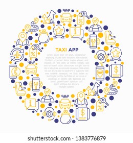 Taxi app concept in circle with thin line icons: payment method, promocode, app settings, info, phone number, location, pointer, airport transfer, baby seat. Vector illustration for print media.