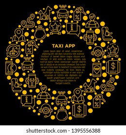 Taxi app concept in circle with thin line icons: payment method, promocode, app settings, info, support service, location, pointer, airport transfer, baby seat. Vector illustration for print media.