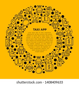Taxi app concept in circle with thin line icons: payment method, promocode, app settings, info, support service, location, pointer, airport transfer, baby seat. Vector illustration for print media.