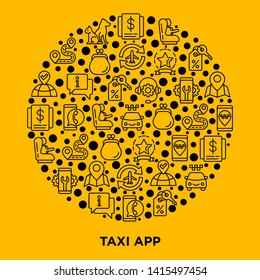 Taxi app concept in circle with thin line icons: payment method, promocode, app settings, info, support service, phone number, pointer, airport transfer, baby seat. Vector illustration for print media