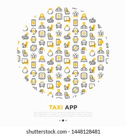 Taxi app concept in circle thin line icons: payment method, promocode, app settings, info, support service, phone number, location, pointer, route, destination. Vector illustration for print media.