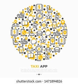 Taxi app concept in circle thin line icons: payment method, promocode, app settings, info, support service, phone number, location, pointer, route, destination. Vector illustration for print media.
