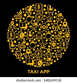 Taxi app concept in circle thin line icons: payment method, promocode, app settings, info, support service, phone number, location, pointer, route, destination, baby seat. Vector illustration.