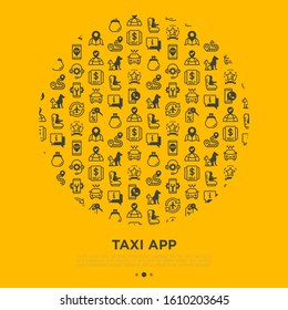 Taxi app concept in circle with thin line icons: payment method, promocode, app settings, info, support service, phone number, route, destination, airport transfer, baby seat. Vector illustration.