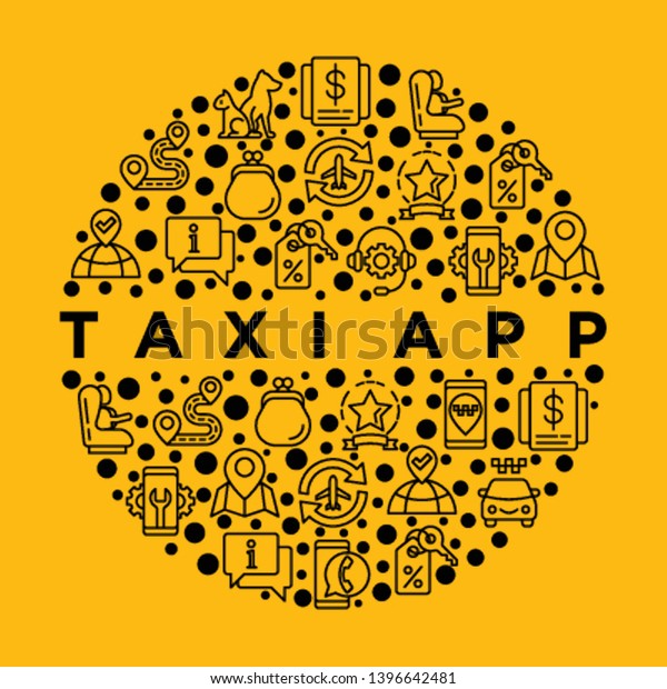 Taxi app concept in circle with thin line icons:\
payment method, promocode, app settings, info, support service,\
phone number, pointer, airport transfer, baby seat. Vector\
illustration for print\
media