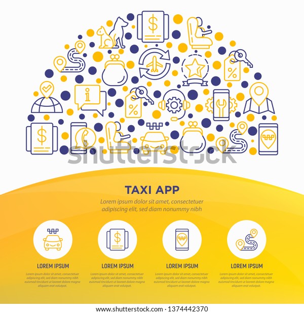Taxi app concept in half circle with thin line\
icons: payment method, promocode, app settings, support service,\
pointer, route, airport transfer, and baby seat. Vector\
illustration, web page\
template.