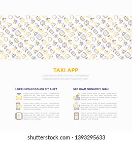 Taxi app concept with thin line icons: payment method, promocode, app settings, info, support service, phone number, location, pointer, airport transfer, baby seat. Vector illustration for print media