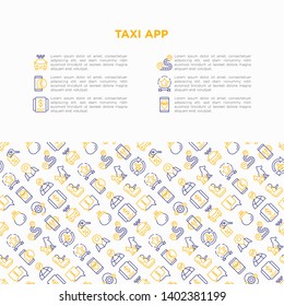 Taxi app concept with thin line icons: payment method, promocode, app settings, info, phone number, pointer, route, destination, airport transfer, baby seat. Vector illustration for print media.