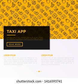 Taxi app concept with thin line icons: payment method, promocode, app settings, info, support service, pointer, route, destination, airport transfer, baby seat. Vector illustration for print media.