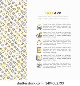 Taxi app concept with thin line icons: payment method, promocode, app settings, info, support service, phone number, route, destination, airport transfer, baby seat. Vector illustration.