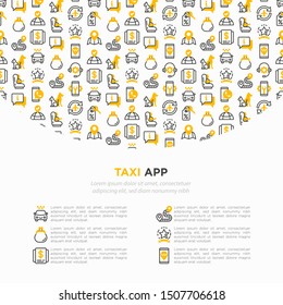 Taxi app concept with thin line icons: payment method, promocode, app settings, info, support service, phone number, route, destination, airport transfer, baby seat. Vector illustration.