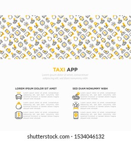 Taxi app concept with thin line icons: payment method, promocode, app settings, info, support service, phone number, route, destination, airport transfer, baby seat. Vector illustration.