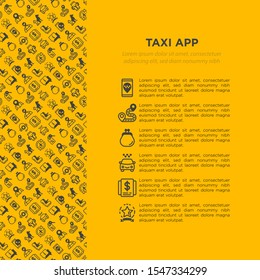 Taxi app concept with thin line icons: payment method, promocode, app settings, info, support service, phone number, route, destination, airport transfer, child seat. Vector illustration.