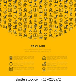 Taxi App Concept With Thin Line Icons: Payment Method, Promocode, App Settings, Info, Support Service, Phone Number, Route, Destination, Airport Transfer, Child Seat. Vector Illustration.