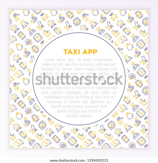 Taxi app concept with thin line icons:\
payment method, promocode, app settings, info, support service,\
phone number, location, pointer, route, airport transfer, baby\
seat. Vector\
illustration.