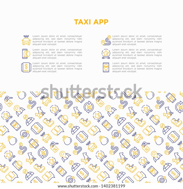 Taxi app concept with thin line icons: payment\
method, promocode, app settings, info, phone number, pointer,\
route, destination, airport transfer, baby seat. Vector\
illustration for print\
media.