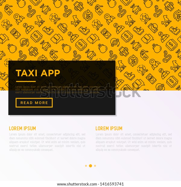 Taxi app concept with thin line icons: payment\
method, promocode, app settings, info, support service, pointer,\
route, destination, airport transfer, baby seat. Vector\
illustration for print\
media.