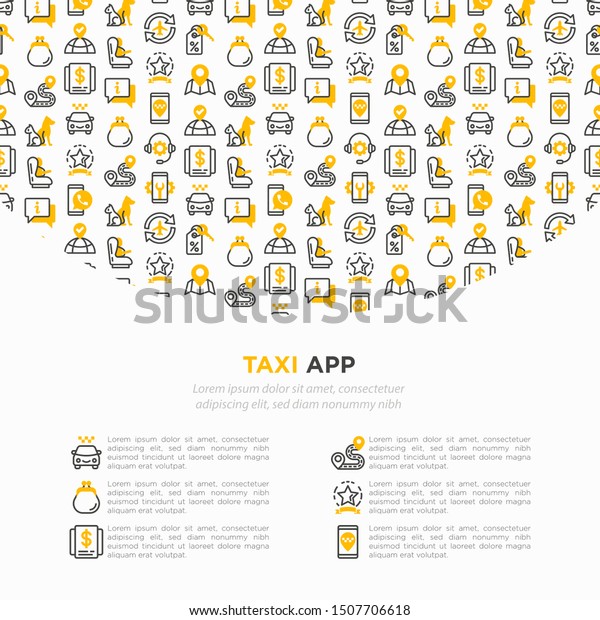 Taxi\
app concept with thin line icons: payment method, promocode, app\
settings, info, support service, phone number, route, destination,\
airport transfer, baby seat. Vector\
illustration.