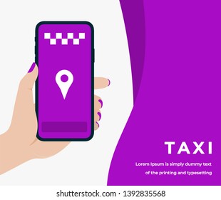 Taxi App Design Concept in Purple Color with Woman Hand Holding a Smartphone with Online Taxi on Screen, Headline and Text Place. Suitable for Web banner, Infographics, Flat Vector Illustration 
