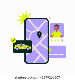 Taxi App Interface With Driver Profile and Ride Confirmation in Flat Vector Illustration Symbolizing Online Transportation Service, Isolated on White Background