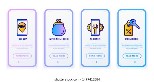 Taxi app mobile user interface. Thin line icons: payment method, settings, promo code. Modern vector illustration.