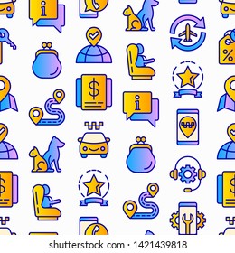Taxi app seamless pattern with thin line icons: payment method, promocode, app settings, info, support service, phone number, location, pointer, route, airport transfer, baby seat. Vector illustration