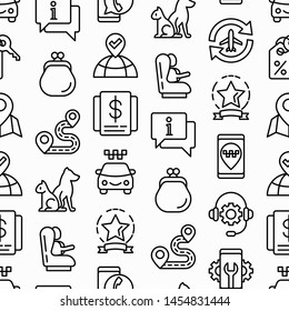 Taxi app seamless pattern with thin line icons set: payment method, promocode, app settings, info, support service, location, destination, airport transfer, baby seat. Vector illustration.