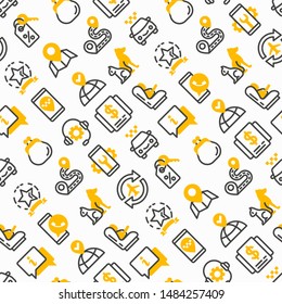 Taxi app seamless pattern with thin line icons: payment method, promocode, app settings, info, support service, location, pointer, route, destination, airport transfer, baby seat. Vector illustration.