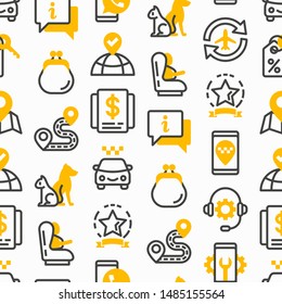 Taxi app seamless pattern with thin line icons: payment method, promocode, app settings, info, support service, phone number, location, destination, airport transfer, baby seat. Vector illustration.